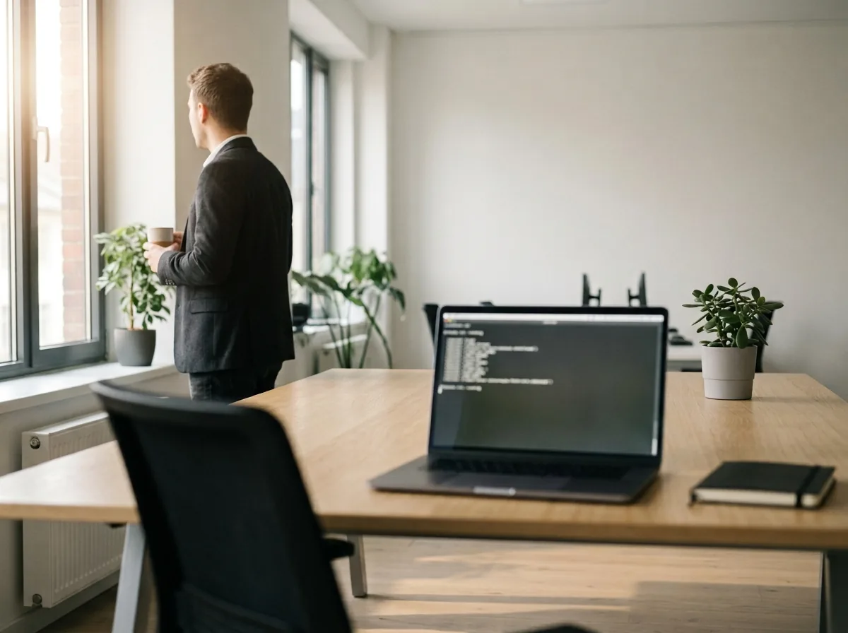 Mann mit Kaffeetasse am Bürofenster, dahinter ein leerer Arbeitsplatz mit laufendem Laptop.