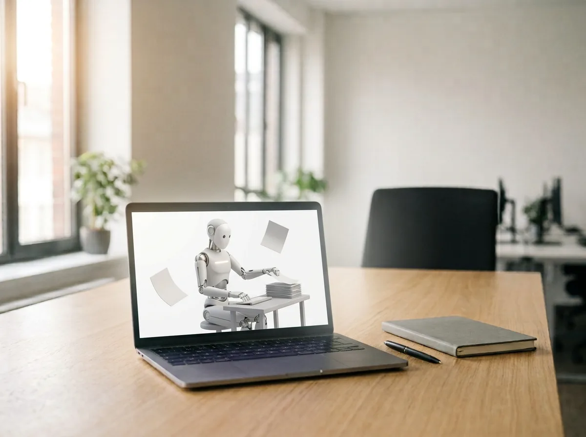 Aufgeklappter Laptop auf einem Schreibtisch, auf dem Bildschirm sortiert ein weißer Roboter Papiere.