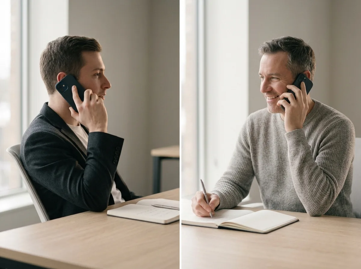 Zwei Aufnahmen nebeneinander: links ein jüngerer Mann am Telefon, rechts ein älterer Mann, der zuhört und mitschreibt.